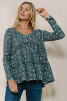 Oddi Thermal Knit Floral Print Top in Dark Jade
