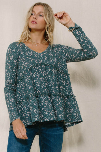 Oddi Thermal Knit Floral Print Top in Dark Jade