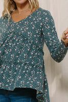 Oddi Thermal Knit Floral Print Top in Dark Jade