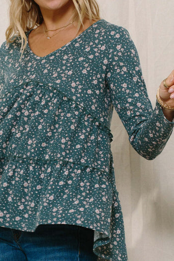 Oddi Thermal Knit Floral Print Top in Dark Jade