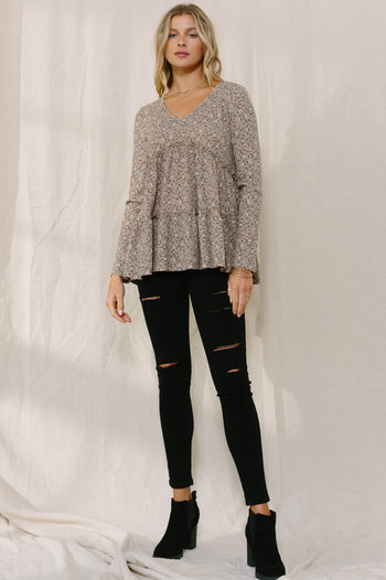 Oddi Thermal Knit Floral Print Top in Taupe