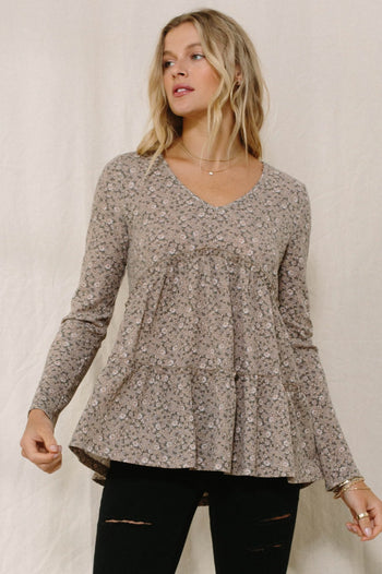 Oddi Thermal Knit Floral Print Top in Taupe