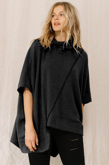 Oddi OVERSIZED Solid Color Brushed Waffle Knit Top in Black