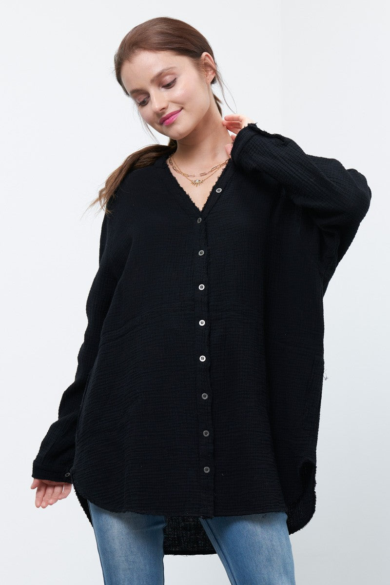 Newbury Kustom Oversized Button Down Shirt in Black Shirts & Tops Newbury Kustom   