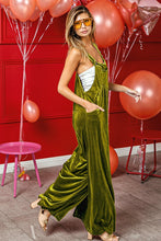 Load image into Gallery viewer, BiBi Solid Color Velvet Wide Leg Overalls in Light Olive ON ORDER
