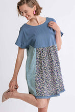 Load image into Gallery viewer, Umgee Mixed Print Round Neck Short Sleeve Dress  Dusty Blue Dress Umgee   

