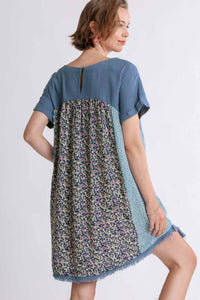 Umgee Mixed Print Round Neck Short Sleeve Dress  Dusty Blue Dress Umgee   