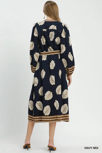 Umgee Mix Leaf Print Belted Midi Dress in Navy Mix