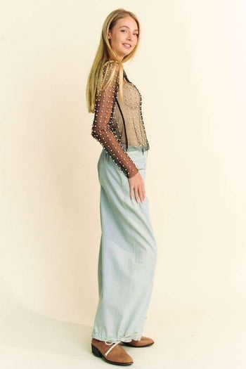Davi & Dani Sheer Mesh Pearl and Stone Embellished Top in Black