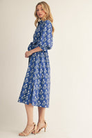 Jodifl Waist Tie Button Down Floral Midi Dress in Cobalt Blue