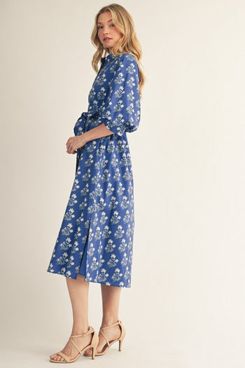 Jodifl Waist Tie Button Down Floral Midi Dress in Cobalt Blue