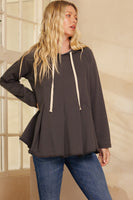 Oddi Solid Color Pullover Top with Inside Printed Hood in Charcoal