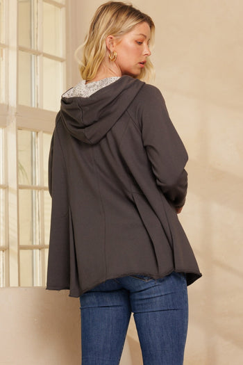 Oddi Solid Color Pullover Top with Inside Printed Hood in Charcoal