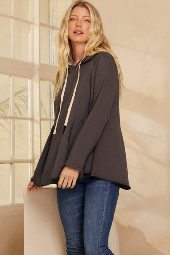 Oddi Solid Color Pullover Top with Inside Printed Hood in Charcoal
