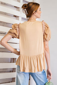 Easel Solid Color Tunic Top with Ruffle Trim Details in Natural Shirts & Tops Easel   