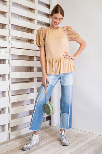 Easel Solid Color Tunic Top with Ruffle Trim Details in Natural Shirts & Tops Easel   