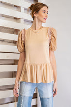 Load image into Gallery viewer, Easel Solid Color Tunic Top with Ruffle Trim Details in Natural Shirts &amp; Tops Easel   
