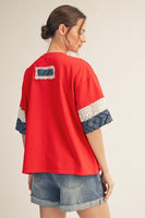 Jodifl Flower Patch Detail Mixed Fabric Top in Red