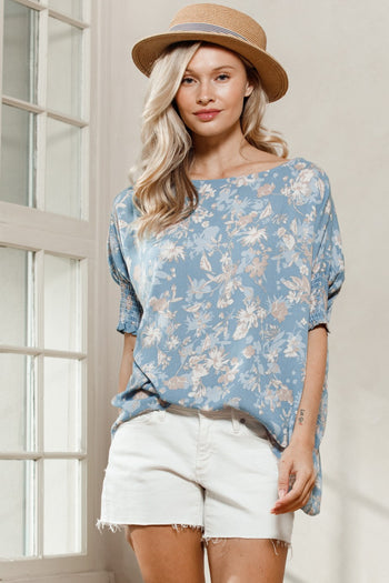 Oddi Floral Print Boat Neck Top in Spring Blue