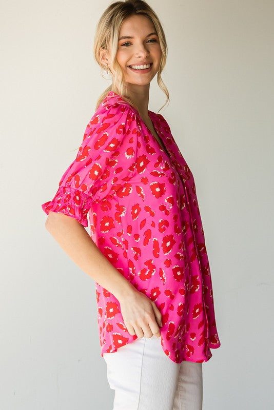 Jodifl Leopard Print V-Neck Bubble Sleeve Top in Hot Pink – June Adel