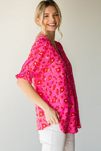 Jodifl Leopard Print V-Neck Bubble Sleeve Top in Hot Pink Top Jodifl   