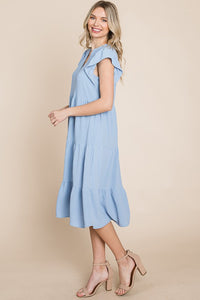 Roly Poly Solid Color Tiered Midi Dress in Blue Dress Rolypoly   