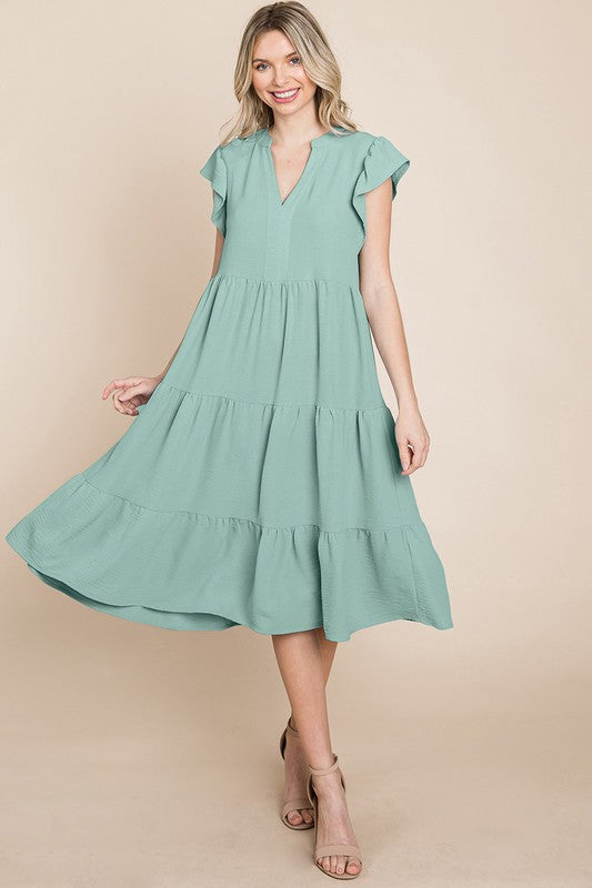 Roly Poly Solid Color Tiered Midi Dress in Sage Dress Rolypoly   