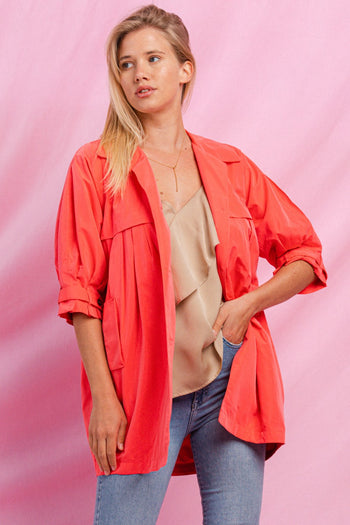 Oddi High Empire Waist Trench Jacket in Coral Pink