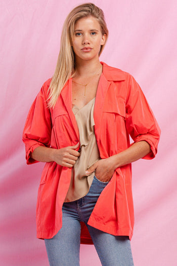 Oddi High Empire Waist Trench Jacket in Coral Pink