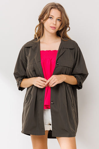 Oddi High Empire Waist Trench Jacket in Olive