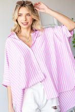 Load image into Gallery viewer, First Love Striped Collar Button Down Oversized Shirt in Pink Top First Love   
