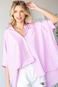 First Love Striped Collar Button Down Oversized Shirt in Pink Top First Love   