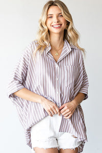 First Love Striped Collar Button Down Oversized Shirt in Taupe Top First Love   
