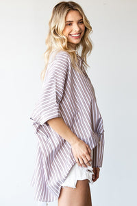 First Love Striped Collar Button Down Oversized Shirt in Taupe Top First Love   