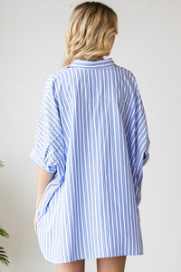First Love Striped Collar Button Down Oversized Shirt in Blue Top First Love   