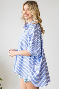 First Love Striped Collar Button Down Oversized Shirt in Blue Top First Love   