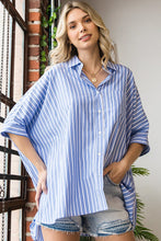 Load image into Gallery viewer, First Love Striped Collar Button Down Oversized Shirt in Blue Top First Love   
