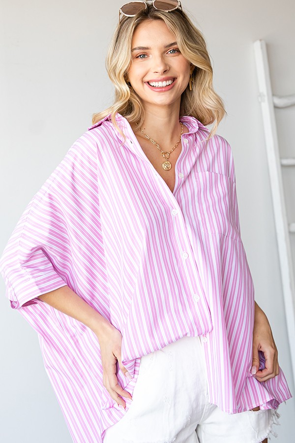 First Love Striped Collar Button Down Oversized Shirt in Pink Top First Love   