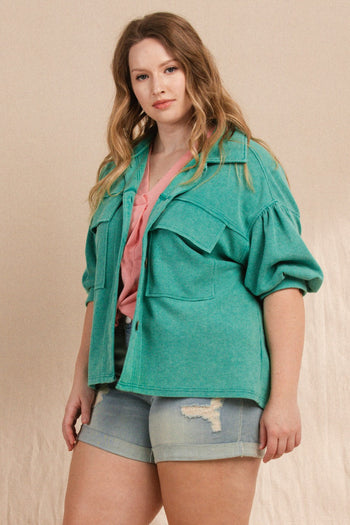 Oddi Mineral Washed Waffle Knit Jacket in Washed Jade