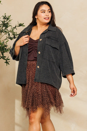 Oddi Mineral Washed Waffle Knit Jacket in Washed Black