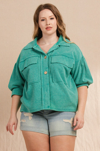 Oddi Mineral Washed Waffle Knit Jacket in Washed Jade