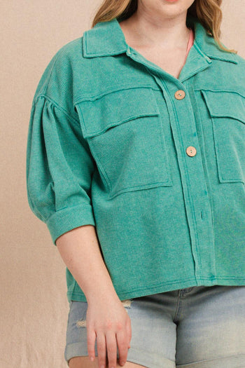 Oddi Mineral Washed Waffle Knit Jacket in Washed Jade