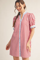 Jodifl Striped Button Front Puff Sleeve Dress in Red ON ORDER