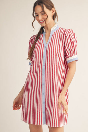 Jodifl Striped Button Front Puff Sleeve Dress in Red ON ORDER