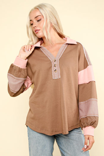 Very J OVERSIZED Color Block Knit Top in Mocha