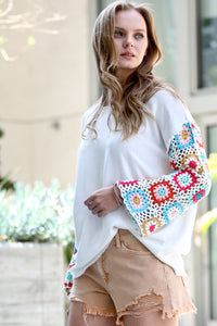 Mazik Hand-made Colorful Crochet Sleeve Distressed Top in Off White  Mazik   