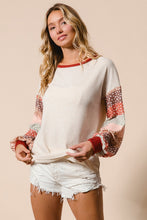 Load image into Gallery viewer, BiBi Solid Color Ribbed Top with Mixed Print Sleeves in Oatmeal
