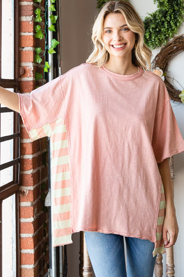 Oli & Hali Oversized Boxy Top with Stripe Details in Pink Multi Shirts & Tops Oli & Hali   