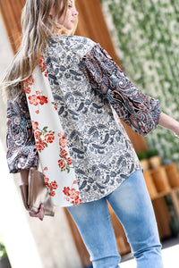 Mazik Contrast Colored Floral Print Button Down Top in Latte Mix Top Mazik   