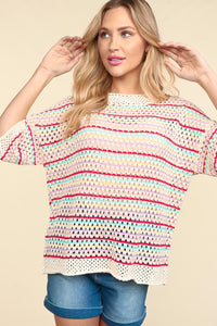 Haptics Open Knit Striped Sweater Top in Oatmeal/Red/Lavender